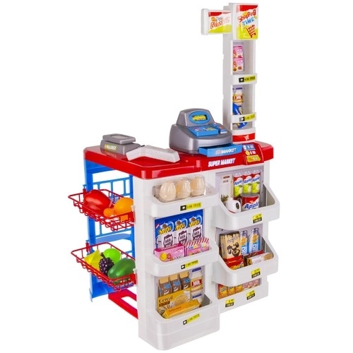 Supermarkt met kassa, winkelmandje en accessoires
