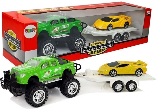 Voertuigenset - gele sportauto, groene terreinwagen met wrijvingsaandrijving
