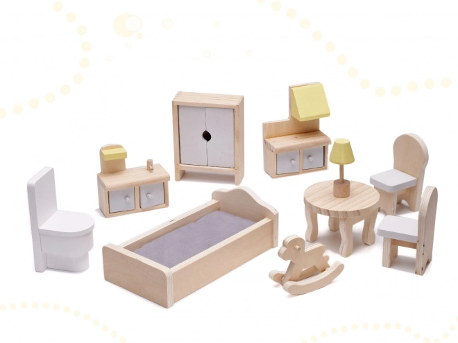 Poppenhuisje met grijs houten meubels