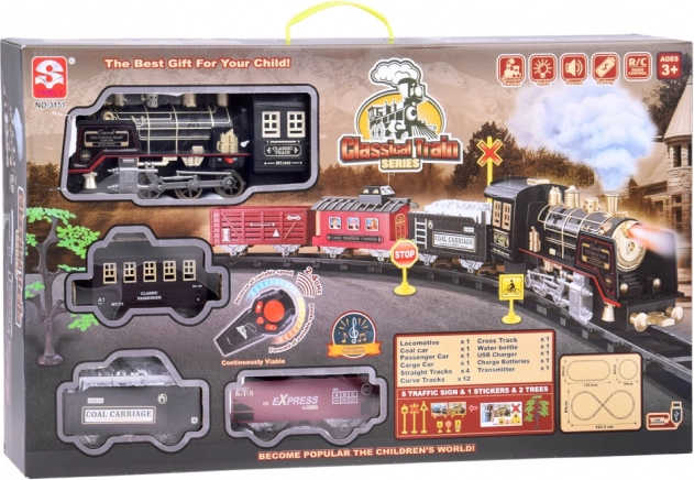 Grote retro trein met locomotief op afstandsbediening met licht en stoom