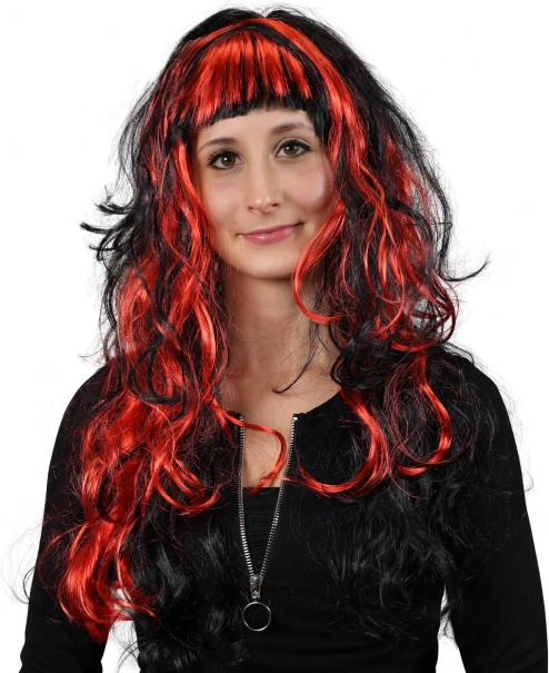 Rood-zwarte pruik met pony