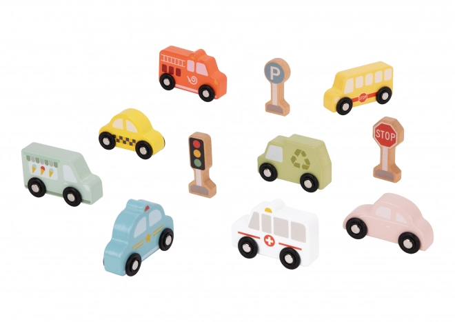 Houten set van voertuigen en verkeersborden