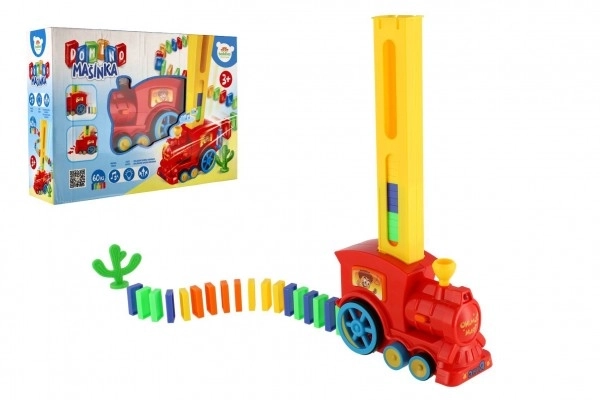 Locomotief/Trein domino bouwend plastic 16cm op batterijen met geluid en licht in doos 33x23,5x8cm