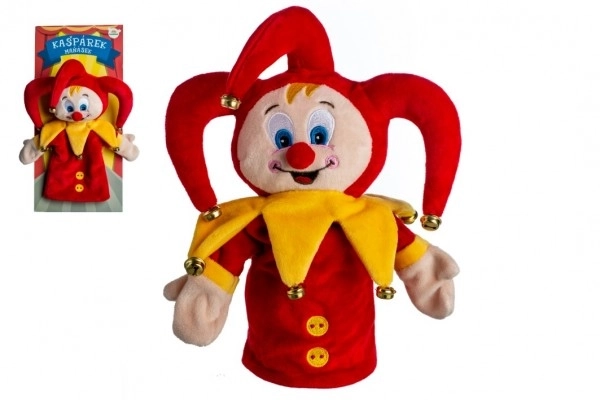 Kasper handpop van pluche 28cm met belletjes op kaart