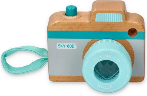 Houten kindercamera in blauw‑mintgroen
