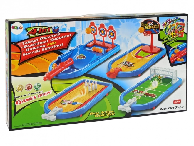 Set van Arcadegames 4 in 1 Basketbal Voetbal, Schild, Bowlingkegel Lanceerder