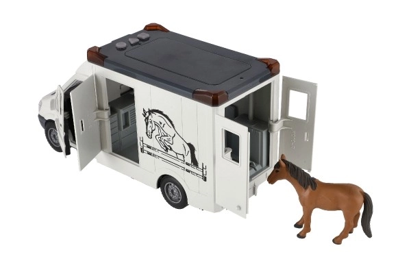 Auto transporteur dieren plastic 28cm met paarden op vliegwiel met licht met geluid grijs in doos 39x18cm
