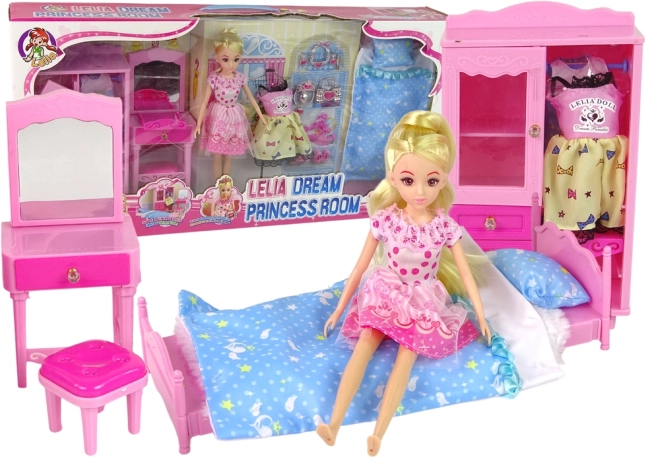 pop met slaapkamer – bed, kledingkast en kaptafel