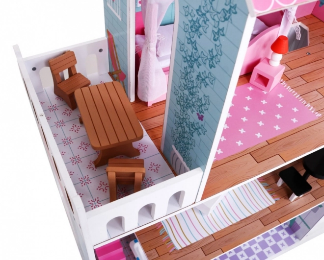 Houten poppenhuis Roze voor kinderen 3+ met uitrusting en meubels