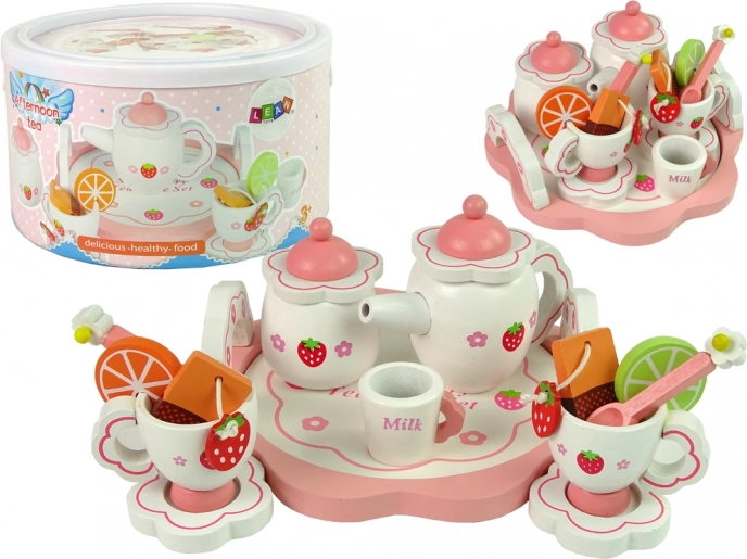 Houten theeservies roze met bloemen en aardbeien