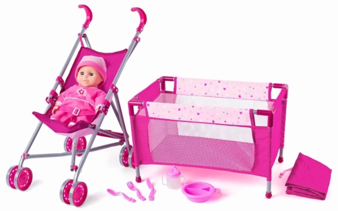 Grote set voor poppen met kinderwagen en bedje