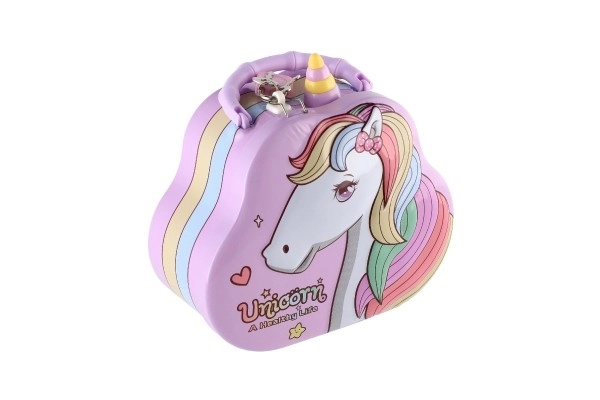 Spaarpot handtasje eenhoorn van blik met slot 15x14cm 3 kleuren in plastic doosje