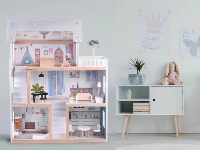 Houten poppenhuis met LED-verlichting in Boho-stijl 78 cm