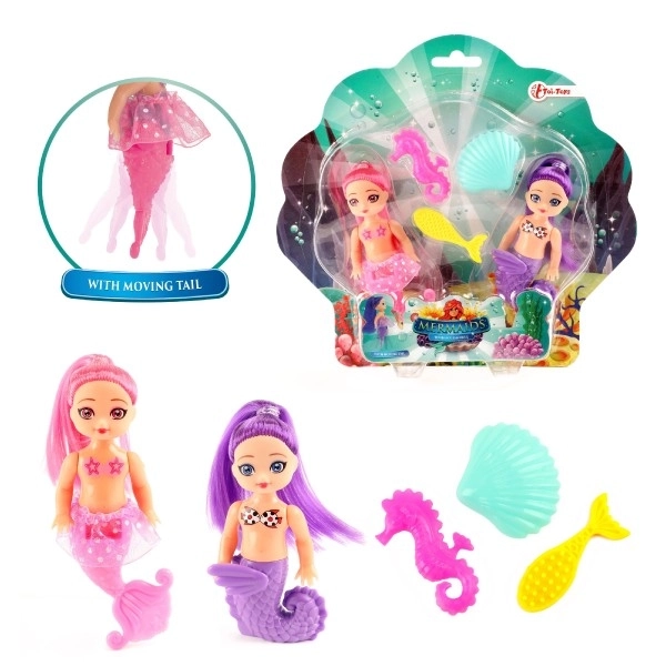 Zeemeermin poppen 2 stuks 10cm plastic met accessoires op kaart