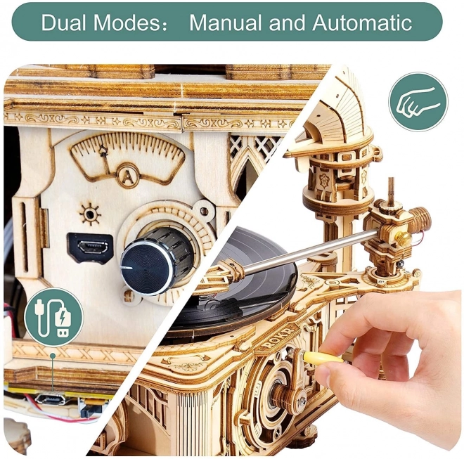 RoboTime 3D houten mechanische puzzel Grammofoon (handmatige aandrijving)