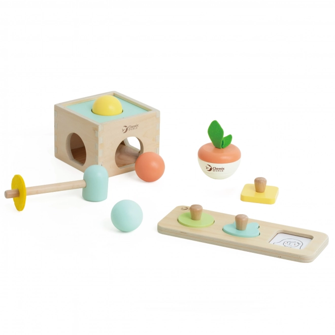 Klassieke houten pastelkleurige educatieve set voor kinderen van 6 tot 12 maanden