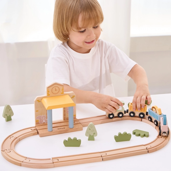 Houten treinset met batterijvoeding
