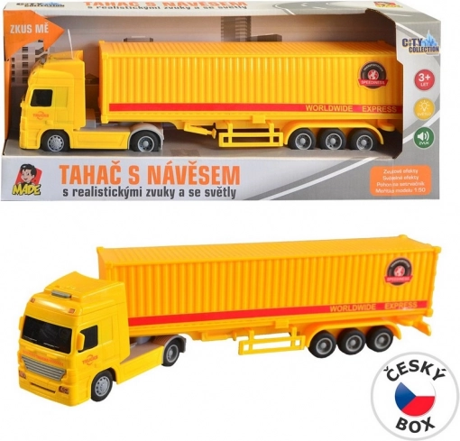 Vrachtwagen met container op traagheidsmotor