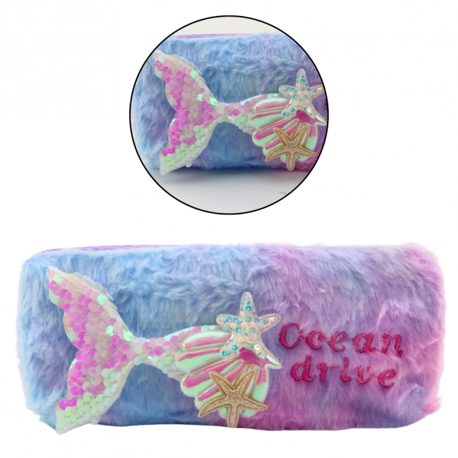 Pluche etui met zeemeermin patroon en pailletten paars-blauw