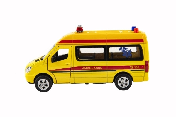 Auto ambulance metaal/plastic 15cm op batterijen met licht en geluid op wrijving 6 stuks in doos