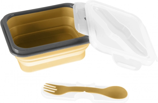 Siliconen snackbox met bestek klein, Mosterdgeel