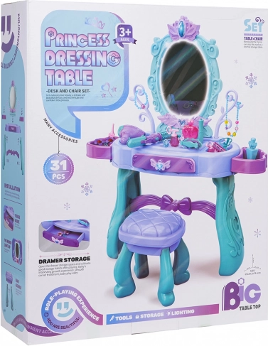 Magische kinderkaptafel met paarse details en krukje