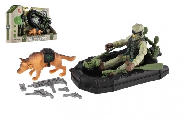 Militaire set plastic boot, soldaat, hond met accessoires in doos 23x14x4cm