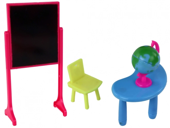 Lerares met leerling, schoolspeelset met bord en wereldbol
