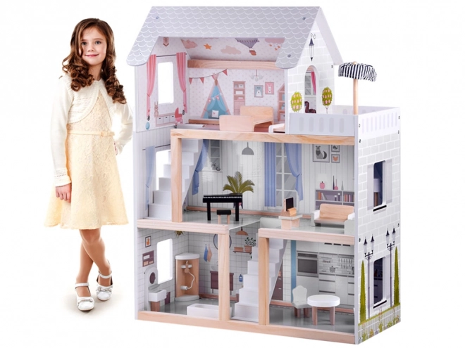 Houten poppenhuis met LED-verlichting in Boho-stijl 78 cm