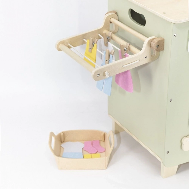 Houten wasmachine met plank, droger en accessoires