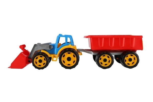 Tractor/lader/graafmachine met aanhanger met liggende plastic voor vrije beweging 2 kleuren in net 16x61x16cm