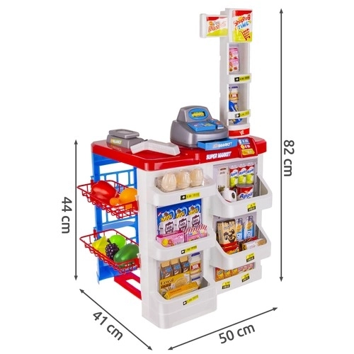 Supermarkt met kassa, winkelmandje en accessoires