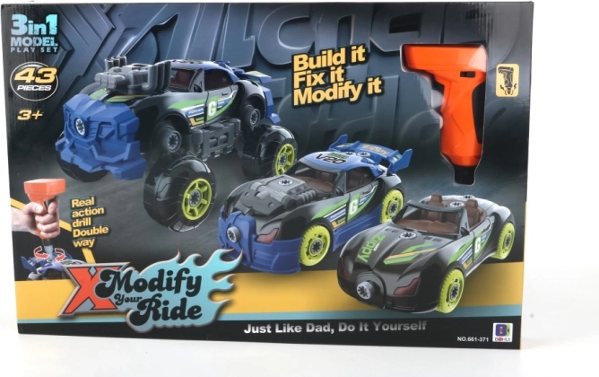 Bouwset auto 3-in-1 met schroevendraaier en kinderspeelgoedboor
