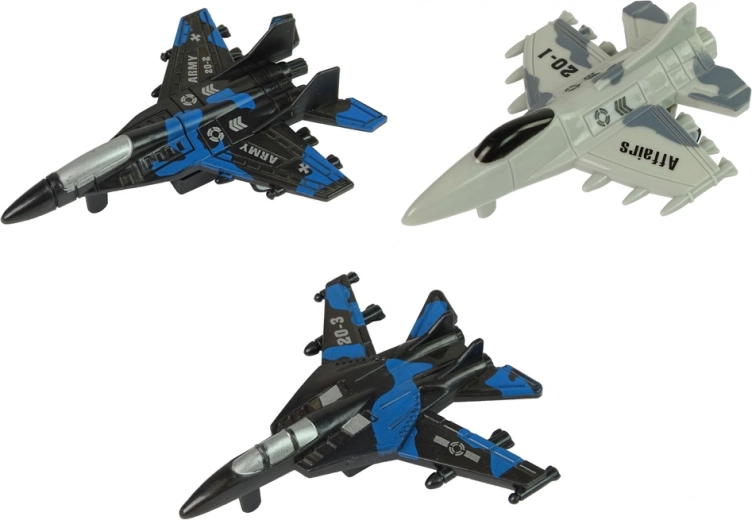 Drie straaljagers met militair design