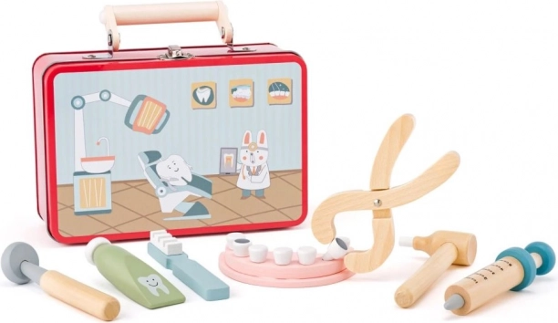 Tandartsenset voor kleine kinderen – houten doktersset in metalen doos