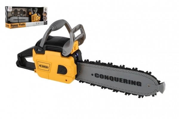 Motorzaag kettingzaag speelgoed plastic 42cm op batterijen met geluid met licht in doos 43x19x10cm