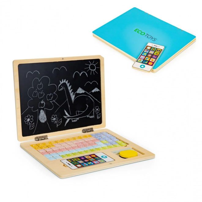 ECOTOYS Houten laptop met magnetisch scherm - blauw