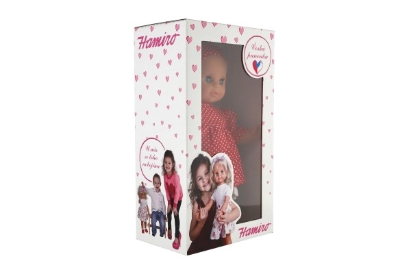 Pop/ Baby Hamiro 30cm, stoffen lichaam jurk rood+ witte stip + hoofddoek in doos 20x35x13cm