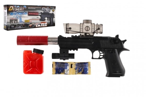 Pistool plastic/metaal 33cm voor waterkogeltjes + kogels 9-11mm op batterijen met licht in doos 34x13x4cm