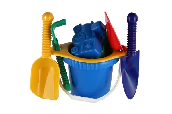 Emmer met zeef, schep, handelsschep en harkjes van plastic in netje 20x28x12cm 12m+