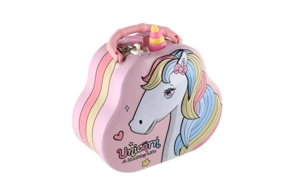Spaarpot handtasje eenhoorn van blik met slot 15x14cm 3 kleuren in plastic doosje