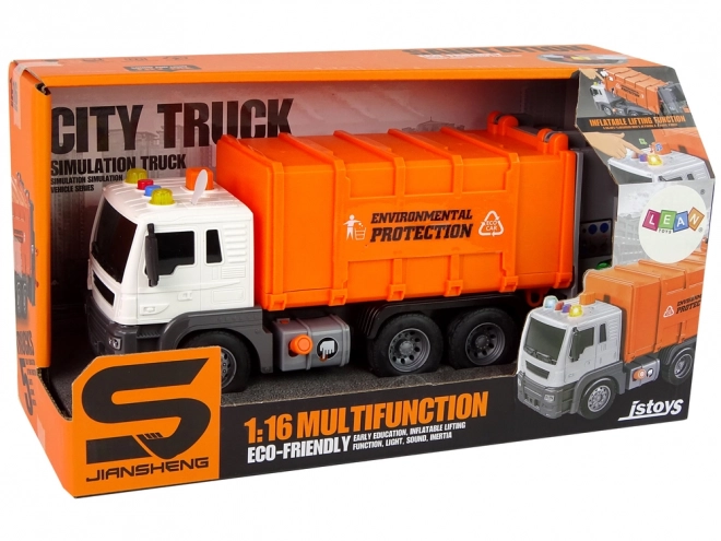 Vuilniswagen met wrijvingaandrijving Geluidseffecten Oranje 1:16 recycling