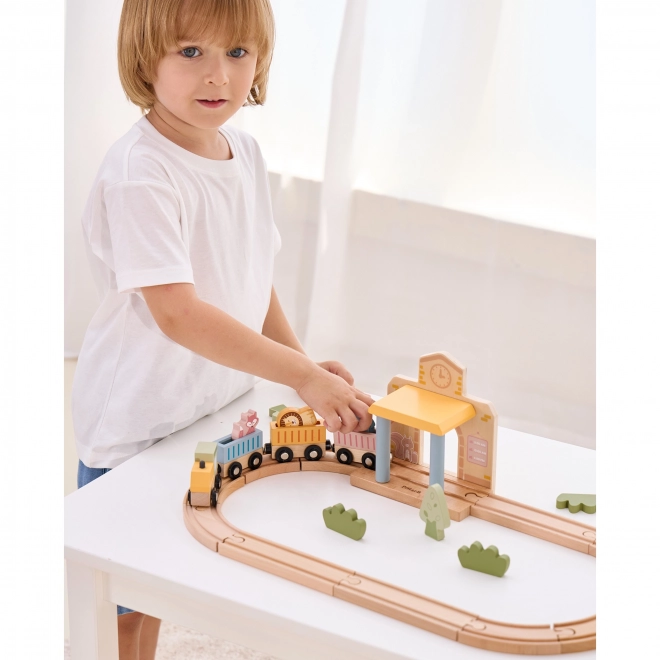 Houten treinset met batterijvoeding