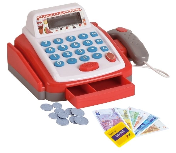 Kassa klein digitaal plastic 18cm met accessoires op batterijen met geluid en licht in doos 22x15x18cm