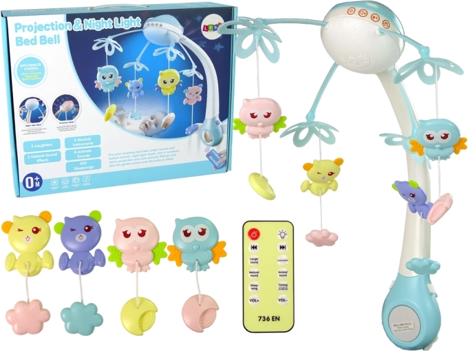 Muzikale mobiel voor het babybed met projector en afstandsbediening – blauw