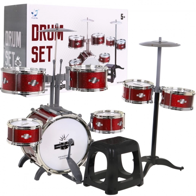 Rode drums met 7 trommels + krukje + 2 bekkens + 2 stokken - 12 delen