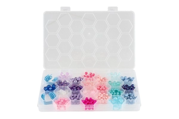 Kralen plastic kleurrijk met koord in plastic doos 20x16,5cm