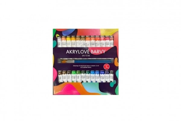 Acrylverf 24x12ml met 3 penselen ook voor keramiek, glas, stenen in doosje 22x22x2cm