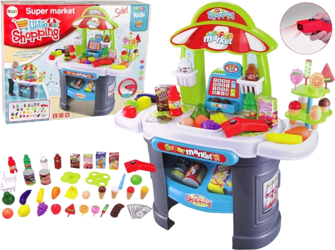 Kindersupermarkt met scanner en etenswaren