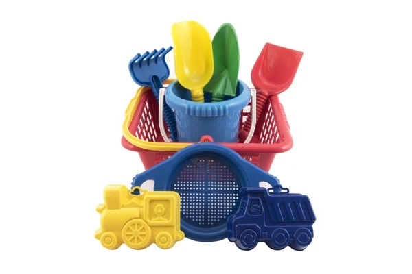 Mand set - 2 zandvormpjes schepje harkje zeefje emmer winkelmandje plastic 12m+